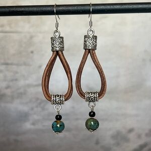 Leather Loop Bead Drop Earrings